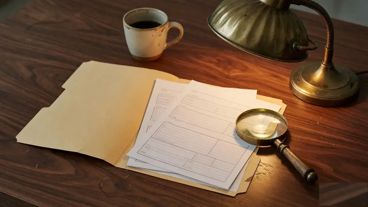 Open manila folder with two blank printed forms on a dark walnut desk, brass desk lamp casting warm pool light, magnifying glass at the folder edge