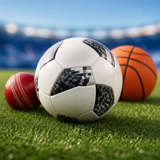 Football, cricket ball and basketball on a sports field