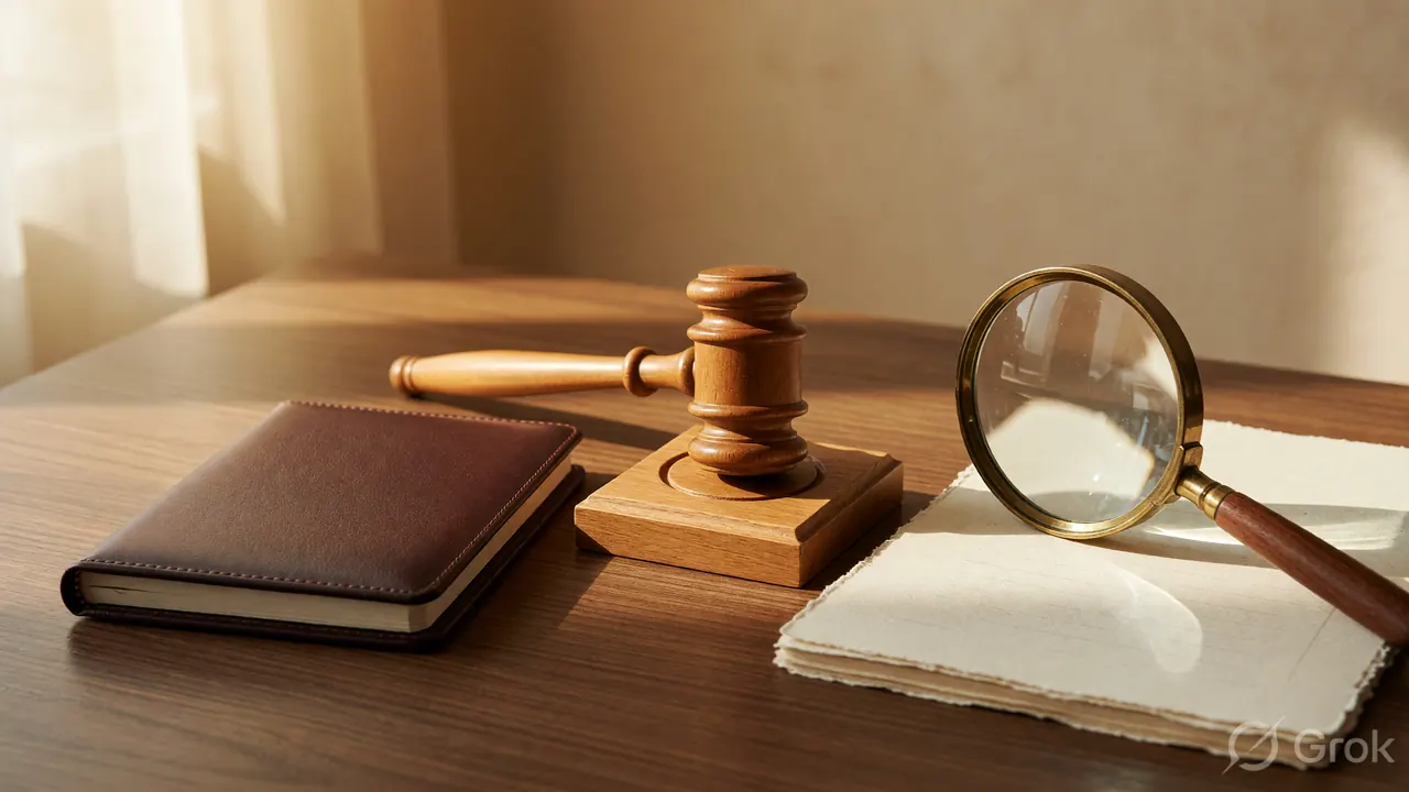 Open leather notebook, wooden gavel and magnifying glass on cream paper for the install checklist