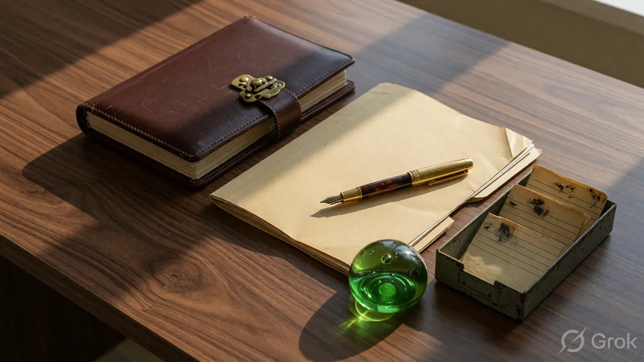Leather-bound ledger on a warm walnut desk with a brass fountain pen across the page - records context still-life used for the Pragmatic Play catalogue handoff, no readable surface anywhere