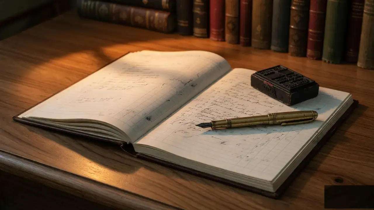 Open ring-binder ledger on a warm walnut desk with a brass fountain pen across the page - records-of-state still life, soft natural daylight, shallow depth of field, no text, no labels, no packaging, no readable surface anywhere
