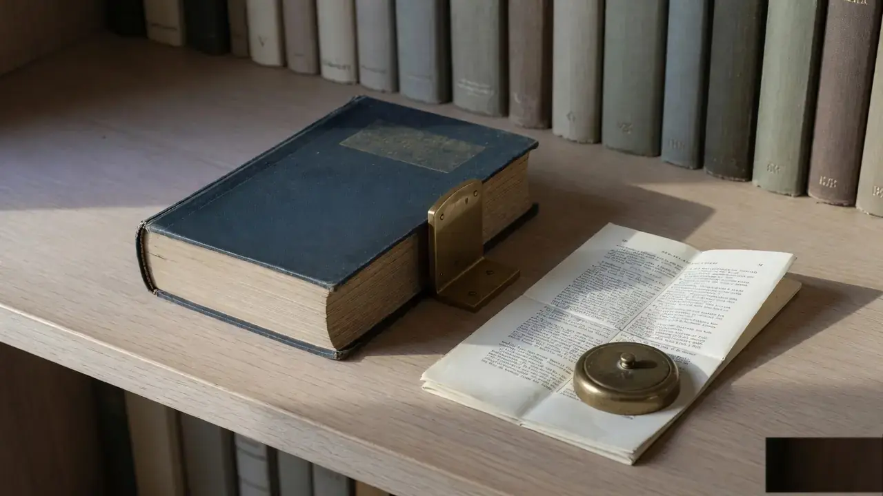 Thick reference volume standing on an oak bookshelf beside a folded printed sheet held by a small brass paperweight, soft daylight
